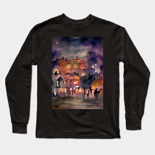 HALLOWEEN NIGHT SMALL VILLAGE FROM GRAVEYARD Long Sleeve T-Shirt